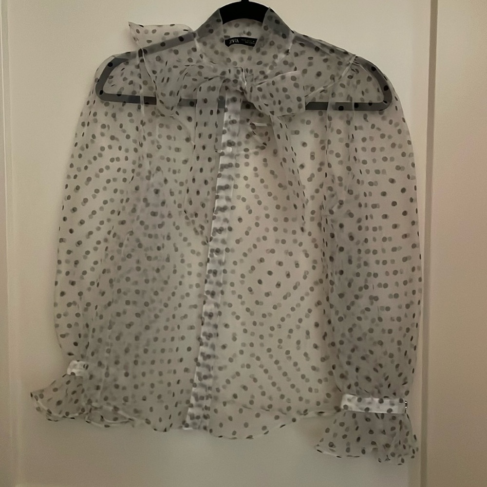 Zara, preowned mint condition size S polkadot, button up, sheer bow, blouse